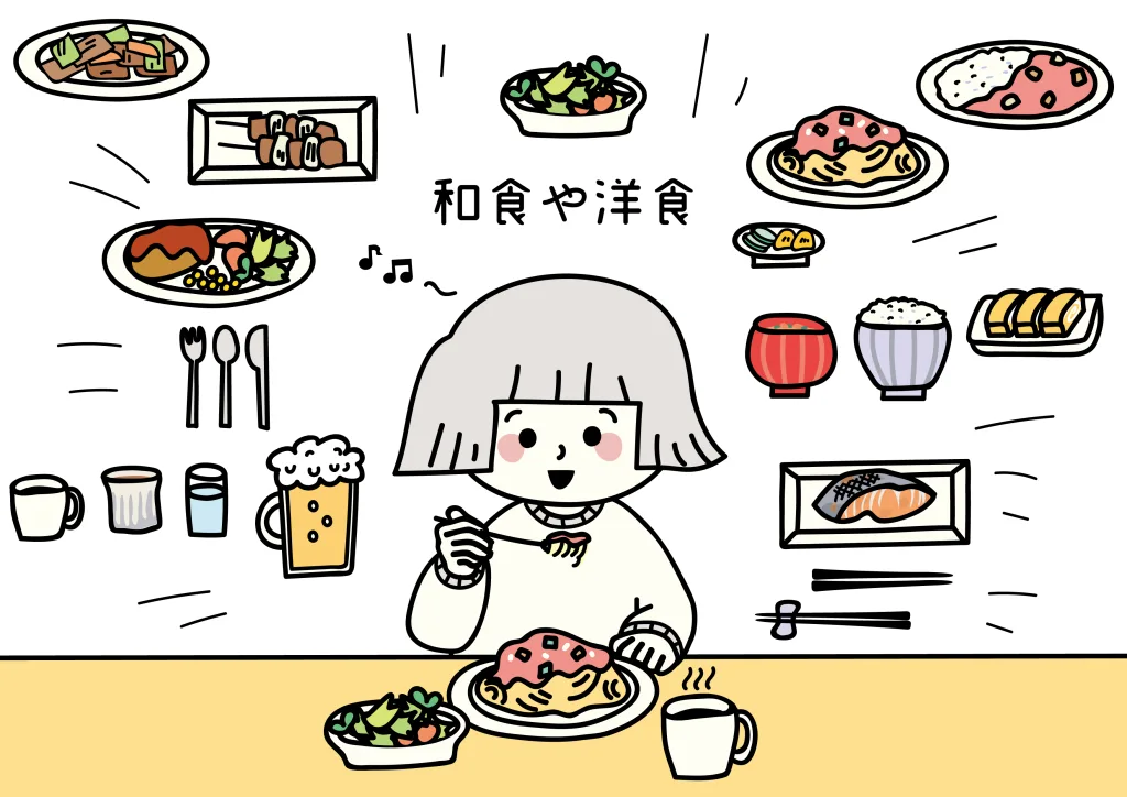 和食洋食のアイコンとパスタ食べる女性