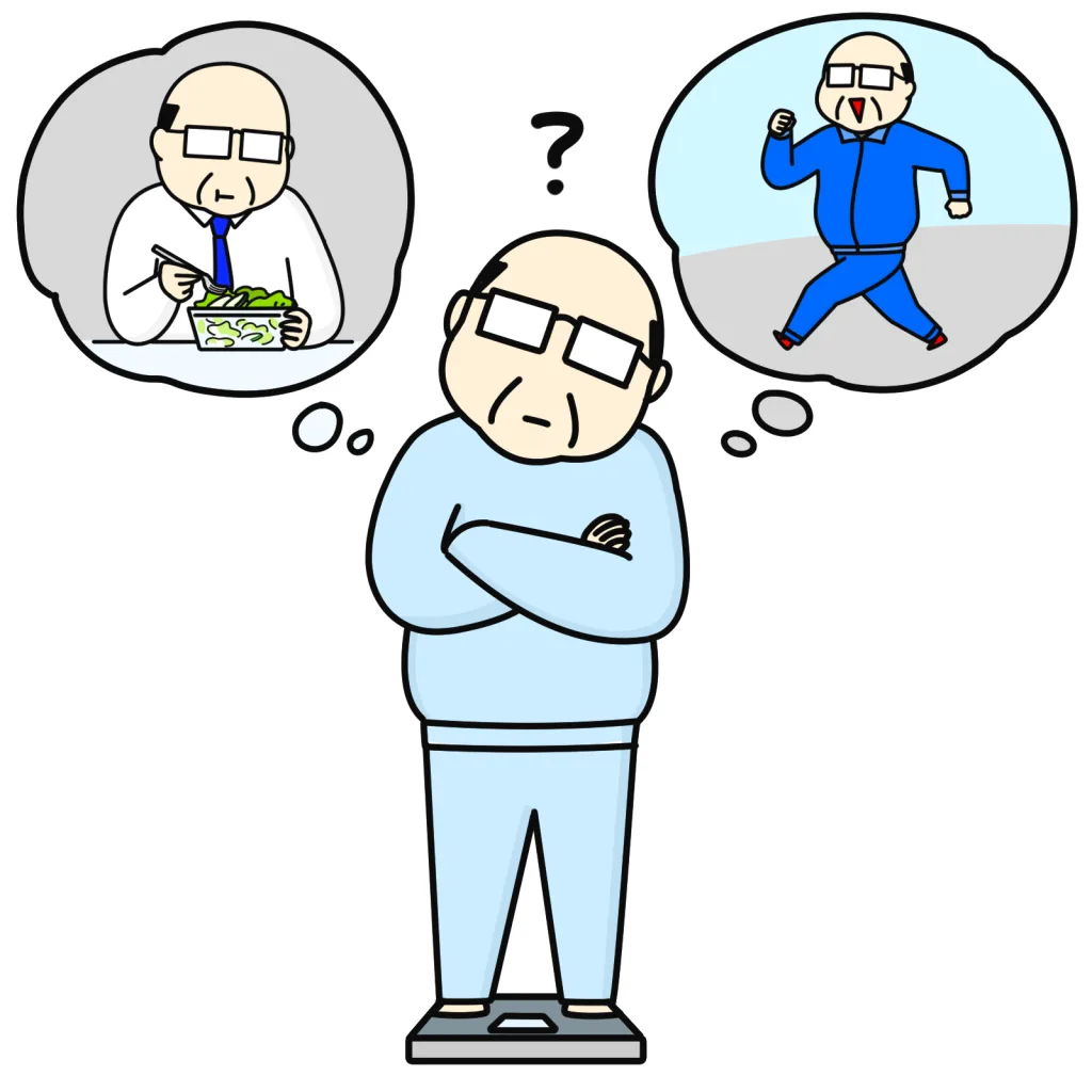 体重計に乗り悩むおじさん